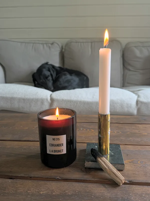 A lit L:A Bruket Coriander candle and a tapered candle on a wooden table, with a dog resting on the sofa behind